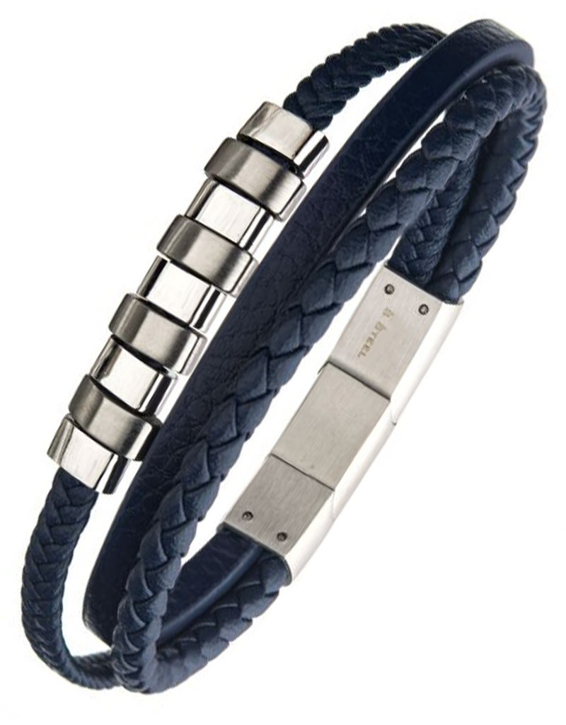Men's Blue Leather and Stainless Steel Bead Bracelet