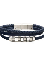 Men's Blue Leather and Stainless Steel Bead Bracelet