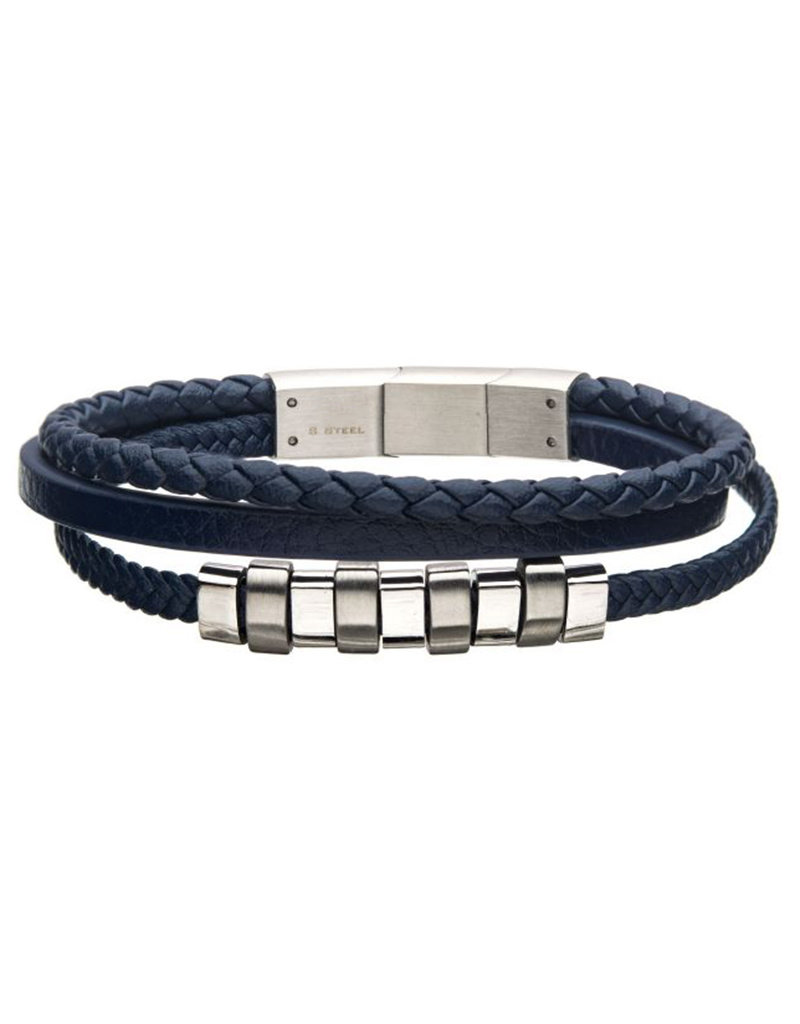 Men's Blue Leather and Stainless Steel Bead Bracelet