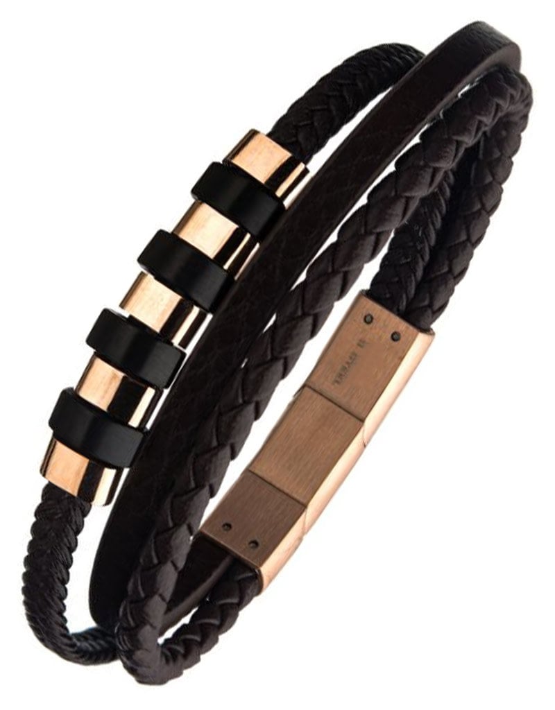 Men's Brown Leather and Rose Gold PVD Stainless Steel Bead Bracelet