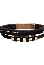 Men's Brown Leather and Rose Gold PVD Stainless Steel Bead Bracelet