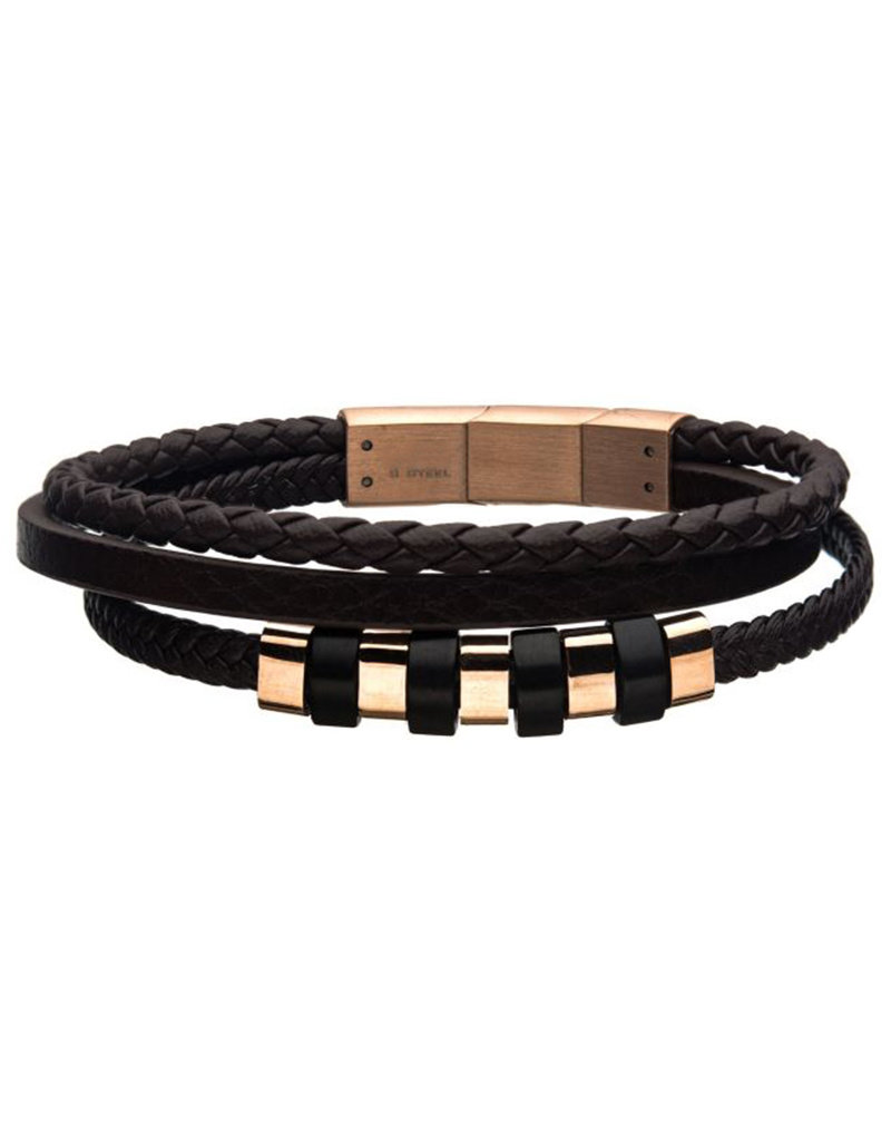 Men's Brown Leather and Rose Gold PVD Stainless Steel Bead Bracelet