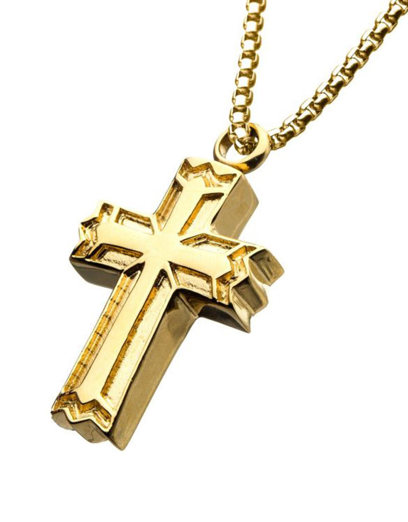 Men's Gold PVD Stainless Steel Gothic Cross Necklace 22"
