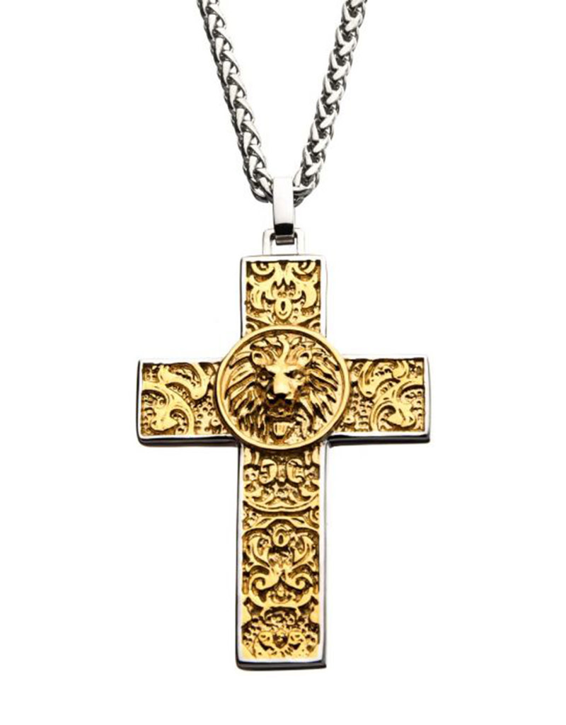 Gold Steel Nymeria Lion Cross Necklace