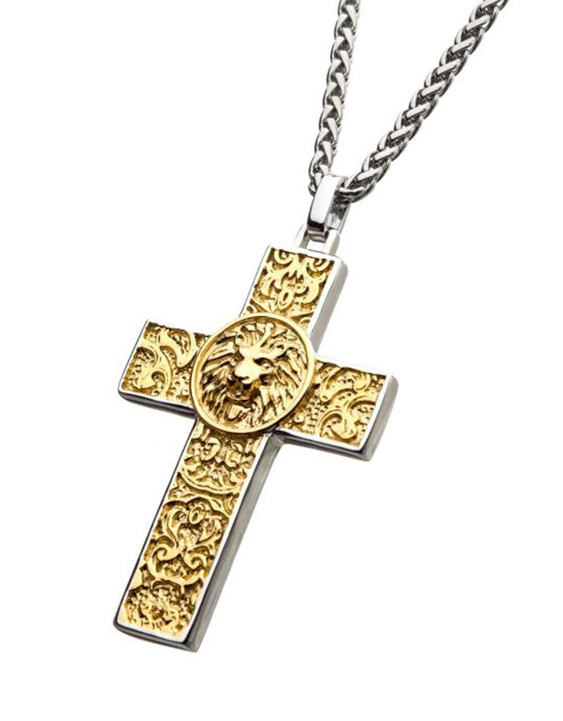 Men's Gold PVD Stainless Steel Nymeria Lion Cross Necklace 24"