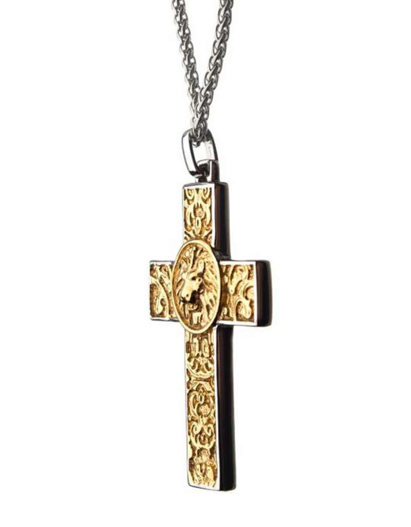 Men's Gold PVD Stainless Steel Nymeria Lion Cross Necklace 24"