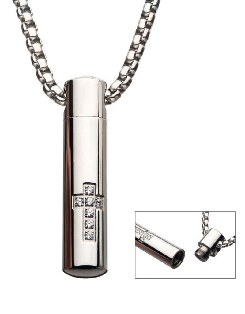 Men's Stainless Steel with CZ Cross Stash Necklace 22"