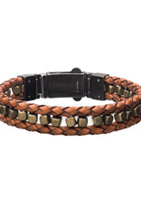 Men's Brown Leather and Gold Hematite Bead Bracelet