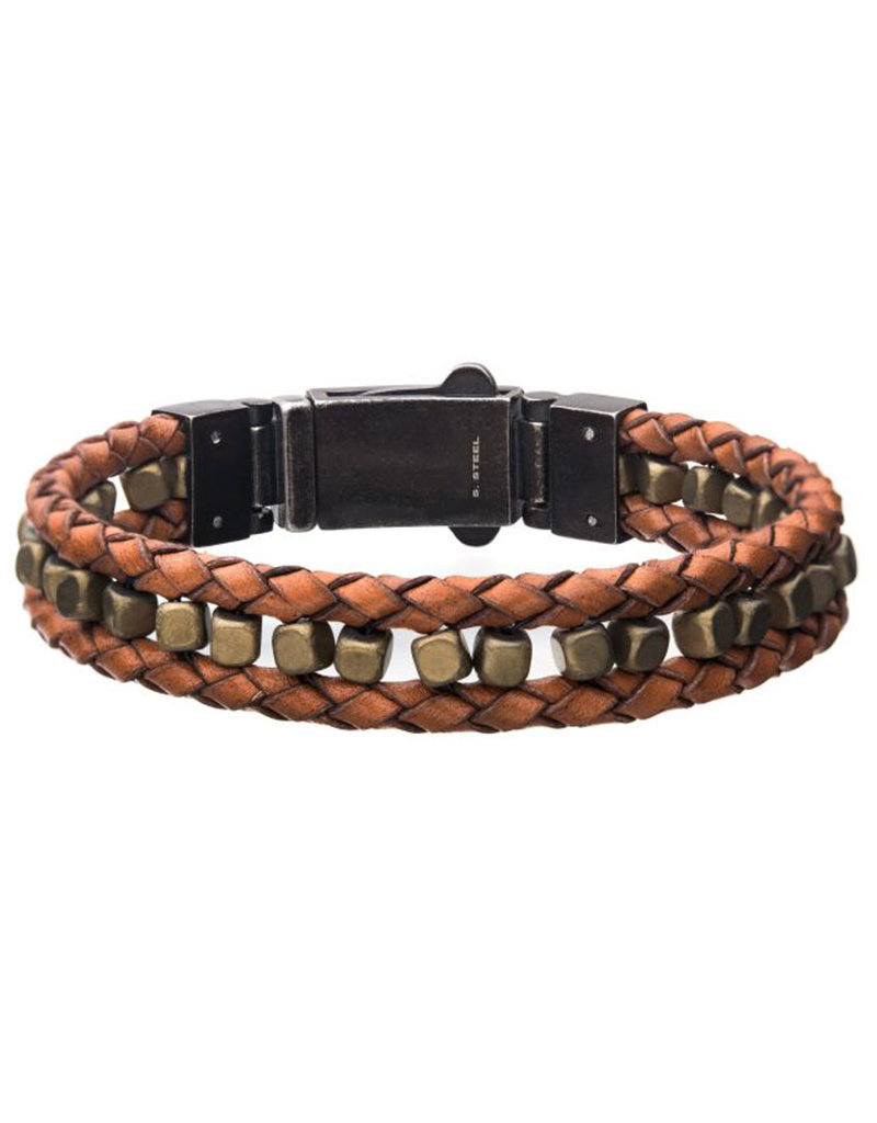 Men's Brown Leather and Gold Hematite Bead Bracelet