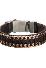 Men's Brown Weave Leather and Rose Gold PVD Stainless Steel Chain Bracelet