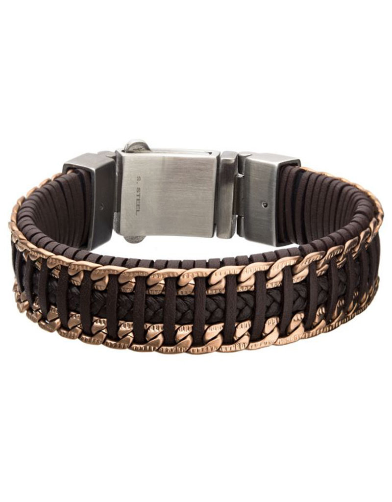 Men's Brown Weave Leather and Rose Gold PVD Stainless Steel Chain Bracelet