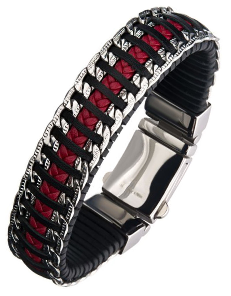 Men's Black and Red Weave Leather and Stainless Steel Chain Bracelet