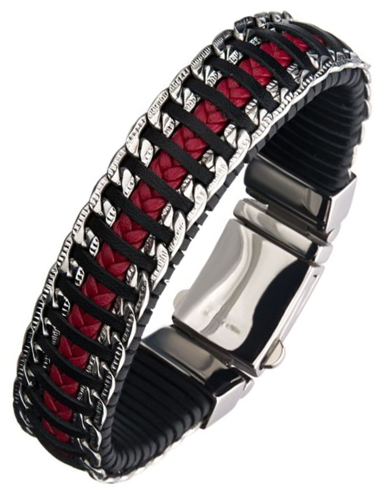 Black Weave Leather Steel Chain Bracelet