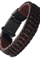 Men's Brown Weave Leather and Black PVD Stainless Steel Chain Bracelet