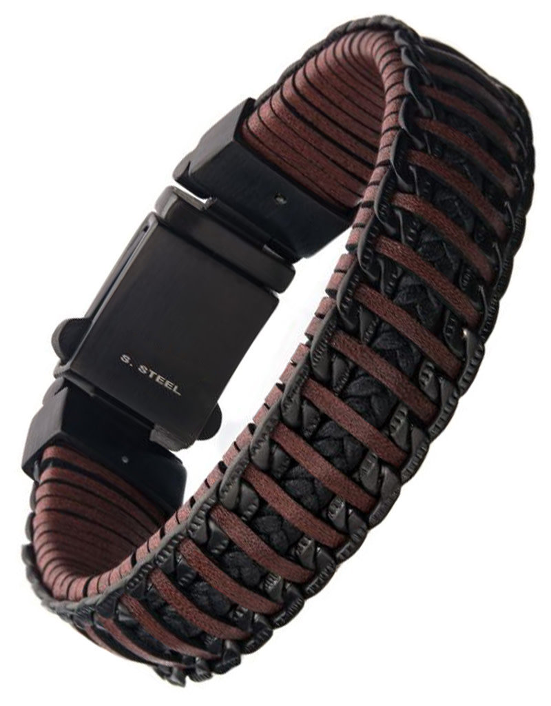 Men's Brown Weave Leather and Black PVD Stainless Steel Chain Bracelet