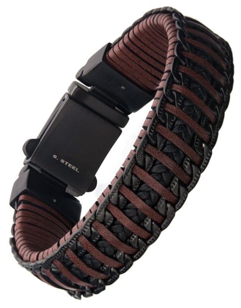 Brown Weave Leather Black Chain Bracelet