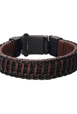 Men's Brown Weave Leather and Black PVD Stainless Steel Chain Bracelet