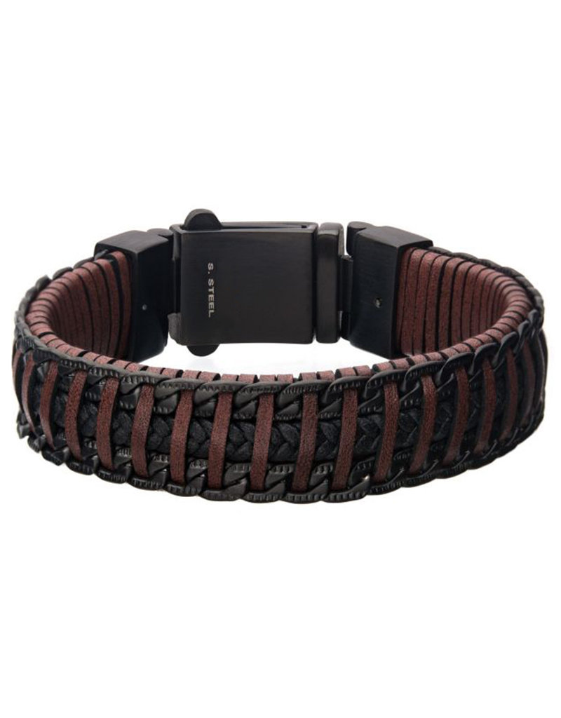 Men's Brown Weave Leather and Black PVD Stainless Steel Chain Bracelet