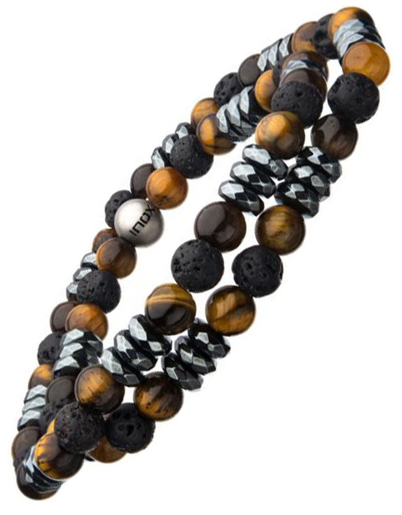 Men's Double Wrap Tiger Eye, Black Lava and Hematite Bead Stretch Bracelet