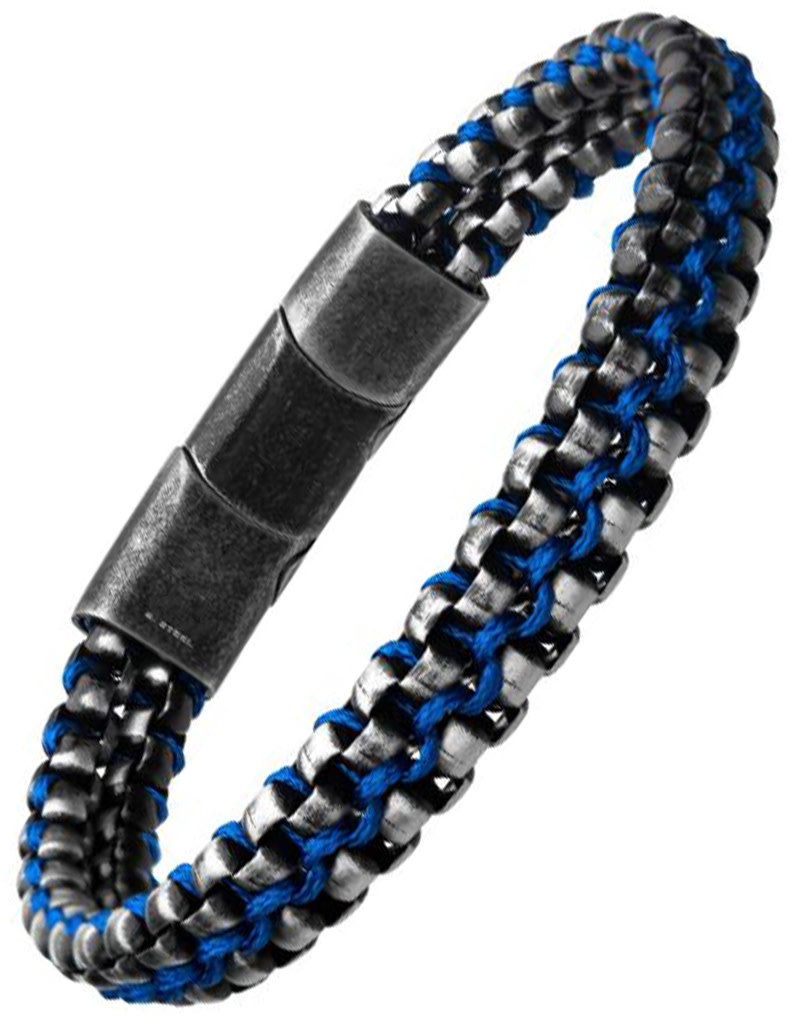 Men's Braided Blue Wax Cord and Stainless Steel Box Link Bracelet