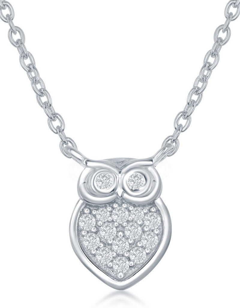 Sterling Silver Micro Pave CZ Owl Necklace 14"+2" Extender