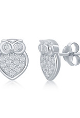 Sterling Silver Micro Pave CZ Owl Stud Earrings 10mm
