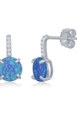 Sterling Silver CZ Bar and Round Blue Synthetic Opal Earrings