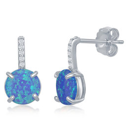 CZ Bar Round Blue Opal Earrings