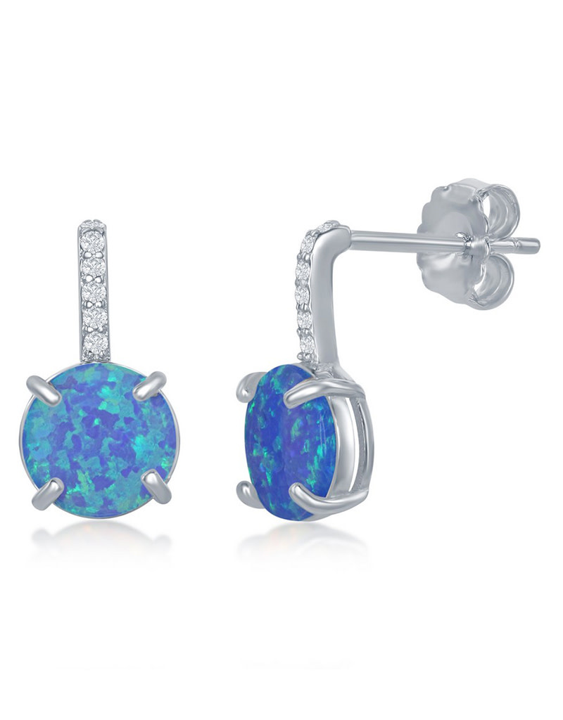 CZ Bar Round Blue Opal Earrings