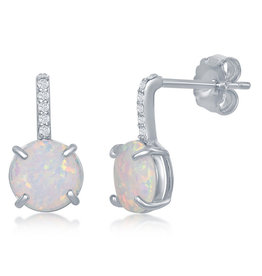 CZ Bar Round White Opal Earrings