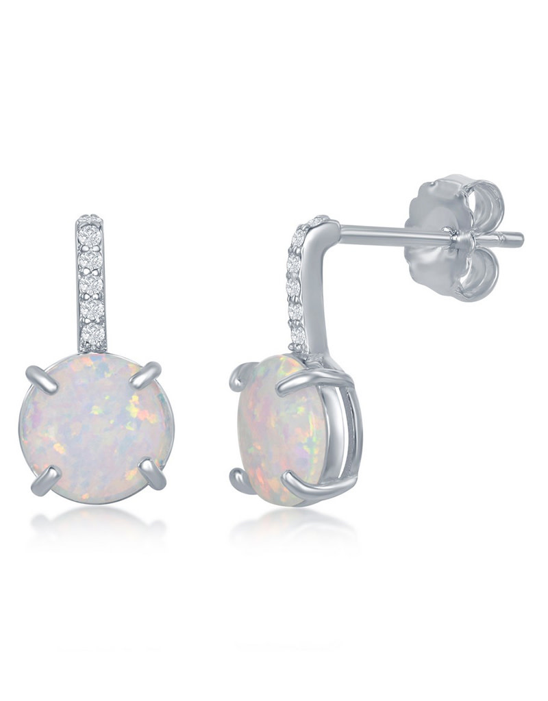 CZ Bar Round White Opal Earrings
