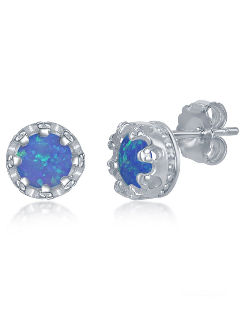 Round Blue Opal Stud Earrings