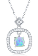 Sterling Silver Square Opal and CZ Necklace 16"+2" Extender