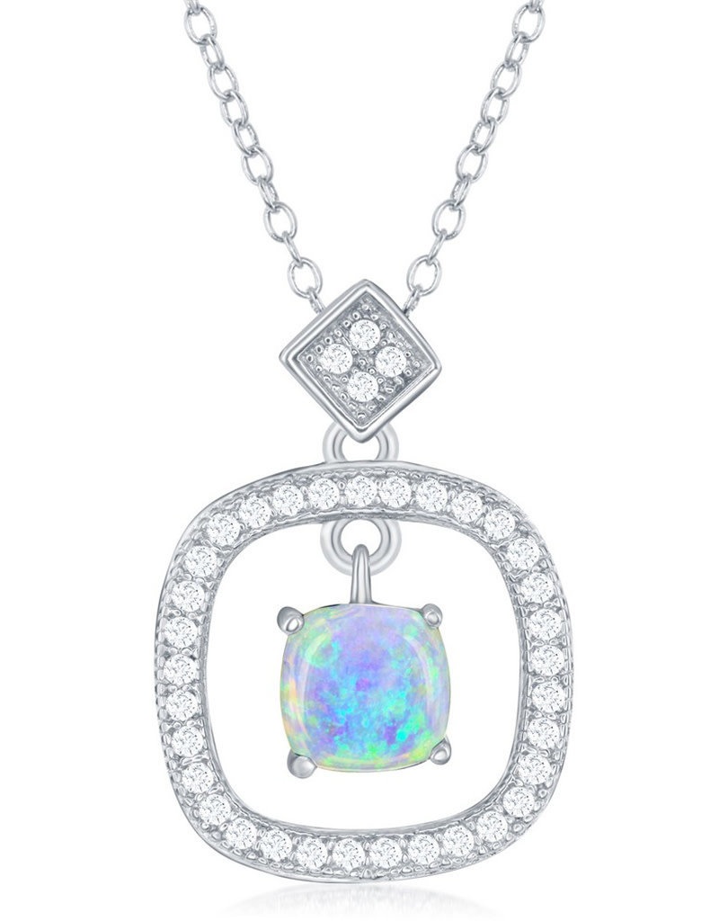 Sterling Silver Square Opal and CZ Necklace 16"+2" Extender