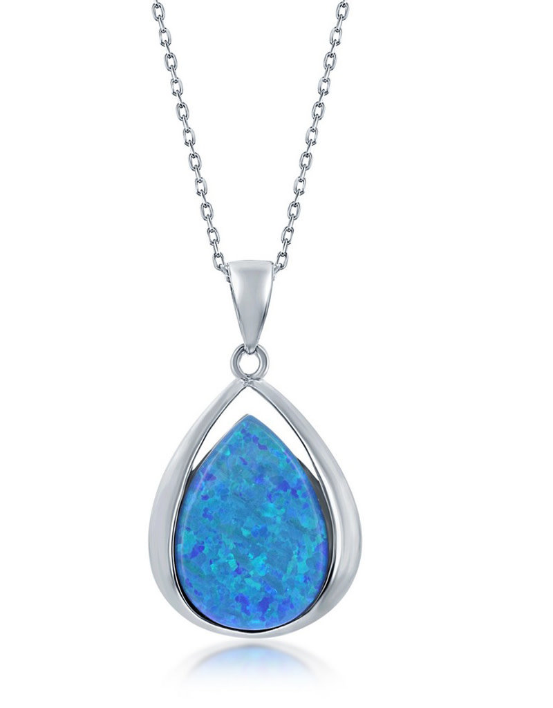 Sterling Silver Teardrop Synthetic Opal Necklace 18"