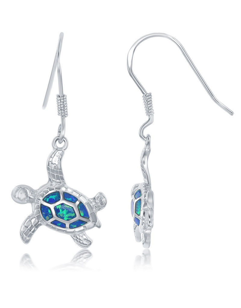 Sterling Silver Synthetic Blue Opal Turtle Earrings