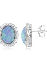 Sterling Silver Oval Opal and CZ Post Earrings