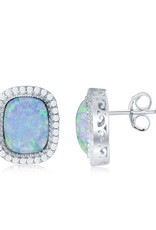 Sterling Silver Cushion Opal and CZ Post Earrings
