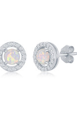 Sterling Silver Round Synthetic Opal and CZ Stud Earrings