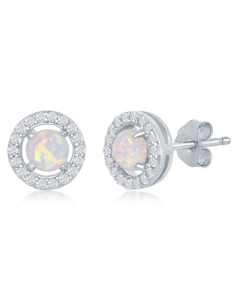 Sterling Silver Round Synthetic Opal and CZ Stud Earrings