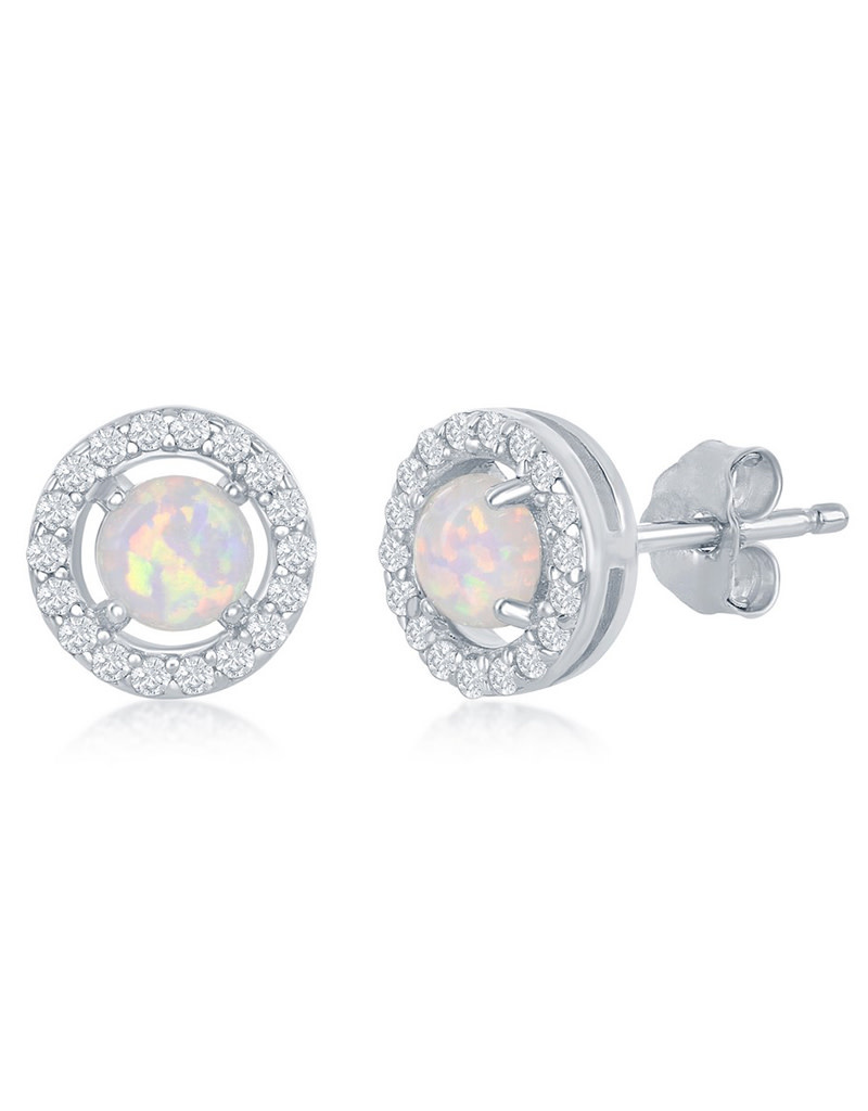Round Opal and CZ Stud Earrings