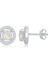 Sterling Silver Round Synthetic Opal and CZ Stud Earrings