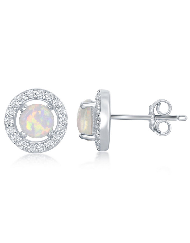 Sterling Silver Round Synthetic Opal and CZ Stud Earrings