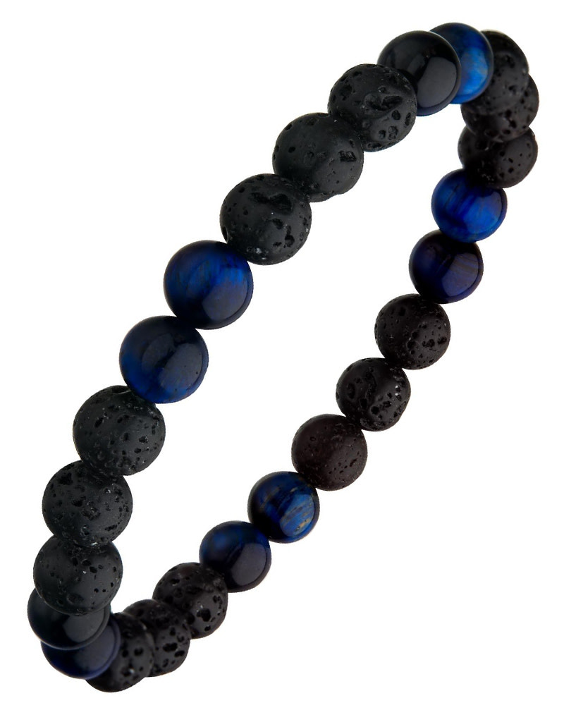 Black Lava Blue Tiger Eye Stretch Bracelet