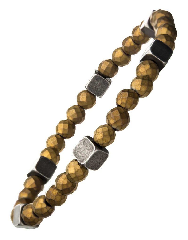 Men's 6mm Gold Hematite and Antique Silver Brass Bead Stretch Bracelet