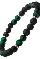 Men's 6mm Black Lava and Green Tiger Eye Bead Stretch Bracelet