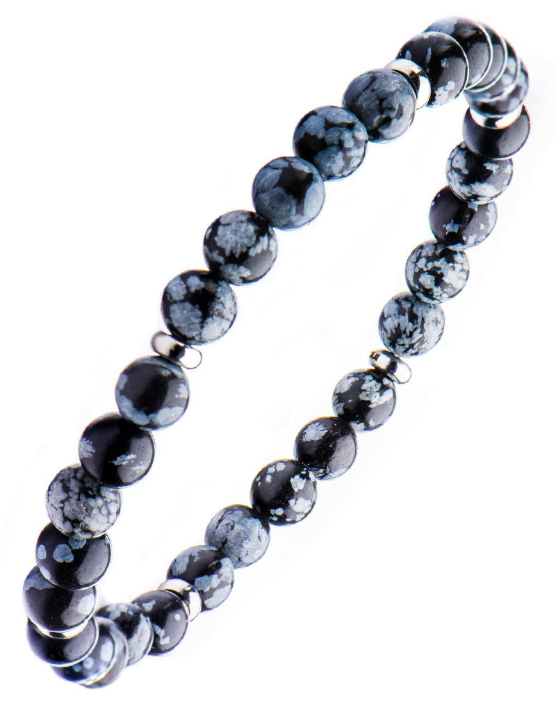 Men's 6mm Snowflake Obsidian Bead Stretch Bracelet