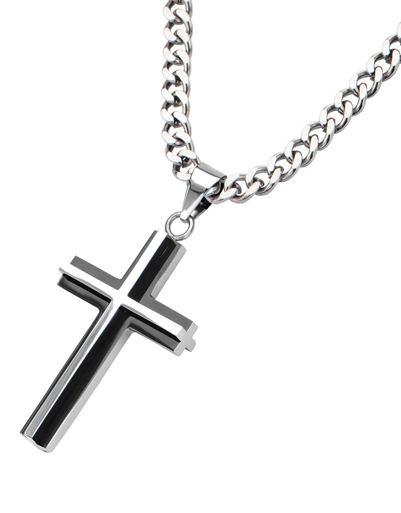 Men's Stainless Steel 3-D Black Cross Necklace 24"