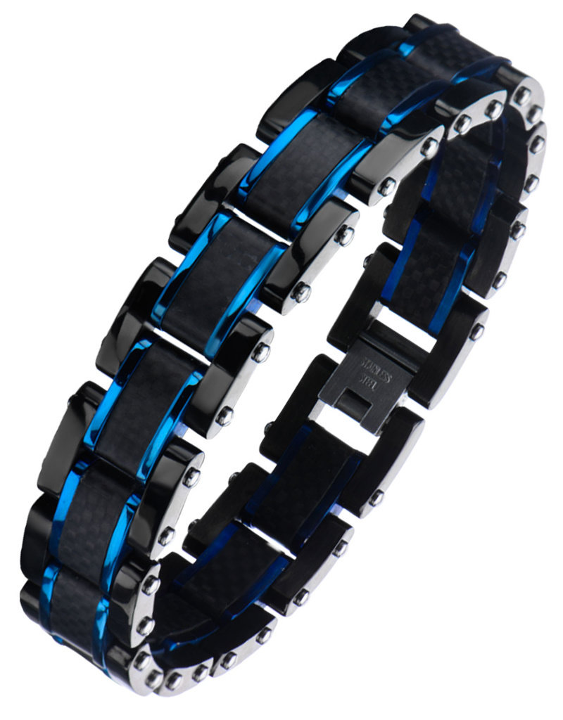 Men's Hinged Black and Blue Stainless Steel and Carbon Fiber Bracelet