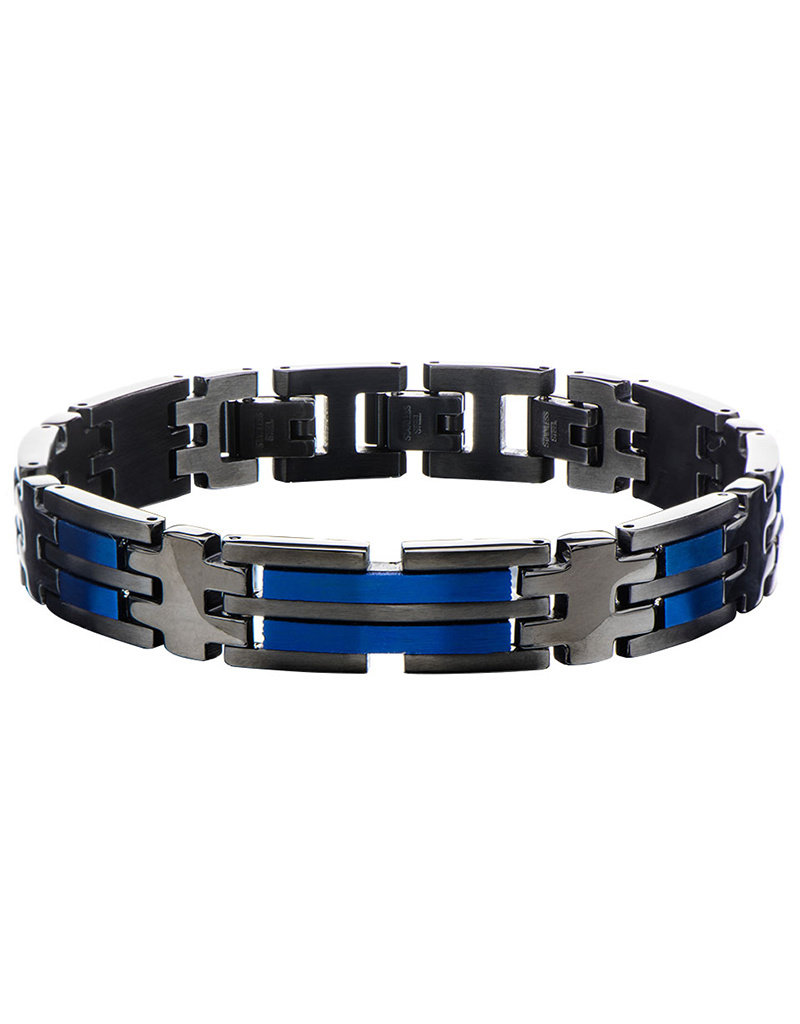 Men's Hinged Black and Blue Stainless Steel Bracelet